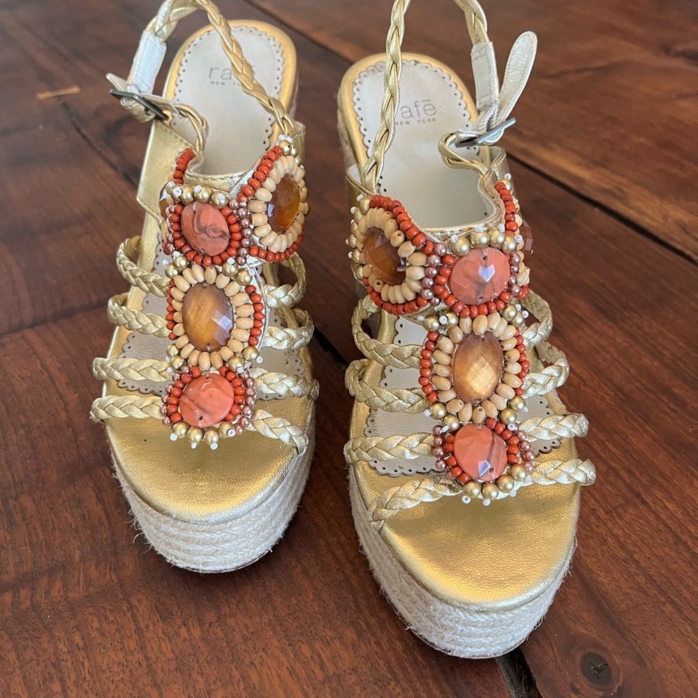 RAFE BEADED GOLD WEDGE SANDAL 7M